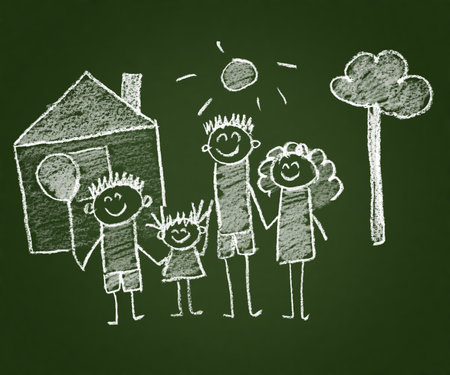 Happy parents and children naive kids drawingの写真素材