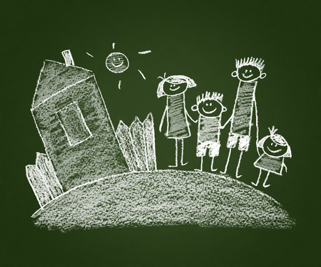 Happy parents and children naive kids drawingの写真素材