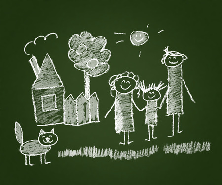 Happy parents and children naive kids drawingの写真素材