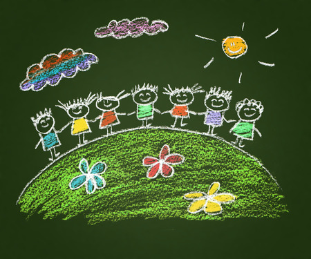 Happy parents and children naive kids drawingの写真素材