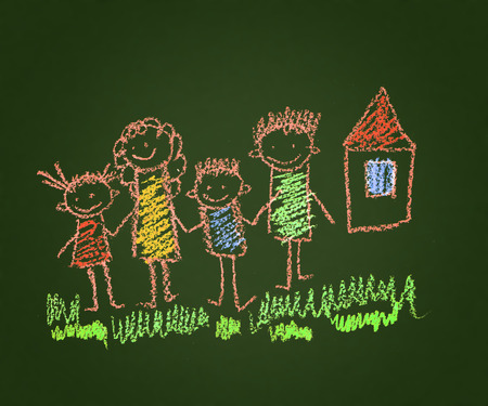 Happy parents and children naive kids drawingの写真素材