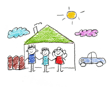 Happy parents and children naive kids drawingの写真素材