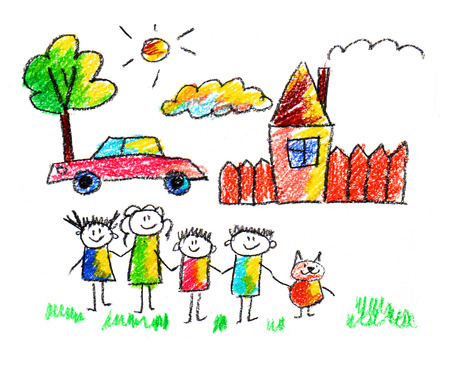 Happy parents and children naive kids drawingの写真素材