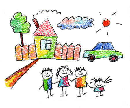 Happy parents and children naive kids drawingの写真素材