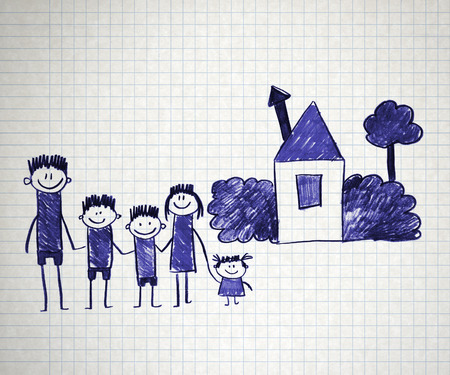 Happy parents and children naive kids drawingの写真素材