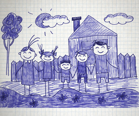 Happy parents and children naive kids drawingの写真素材