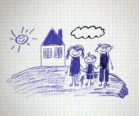 Happy parents and children naive kids drawingの写真素材