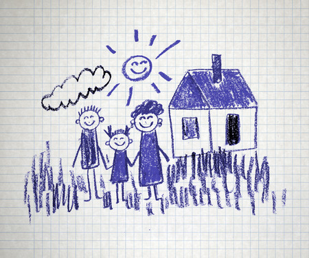 Happy parents and children naive kids drawingの写真素材