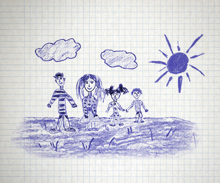 Happy parents and children naive kids drawingの写真素材
