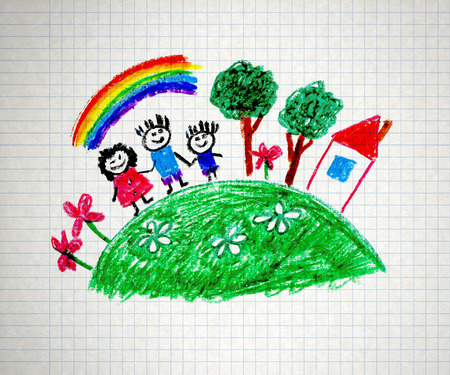Happy parents and children naive kids drawingの写真素材