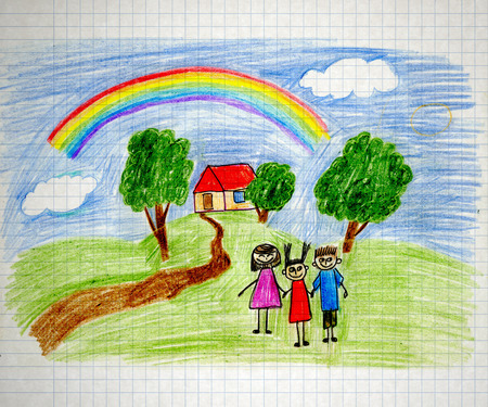 Happy parents and children naive kids drawingの写真素材