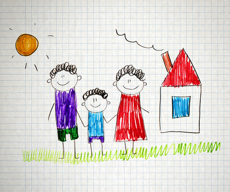 Happy parents and children naive kids drawingの写真素材