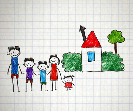 Happy parents and children naive kids drawingの写真素材