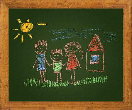Happy parents and children. Naive blackboard kids drawingの写真素材