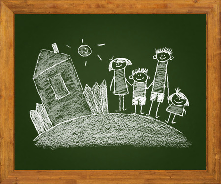 Happy parents and children. Naive blackboard kids drawingの写真素材