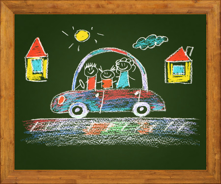 Happy parents and children. Naive blackboard kids drawingの写真素材