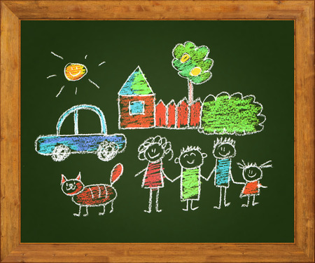 Happy parents and children. Naive blackboard kids drawingの写真素材