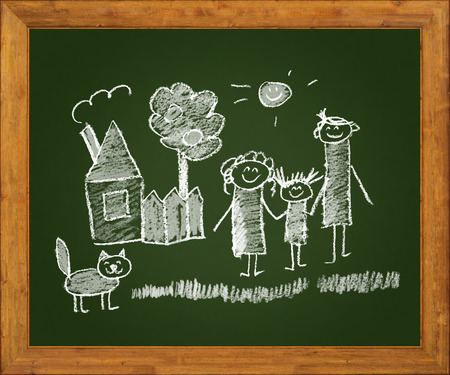 Happy parents and children. Naive blackboard kids drawingの写真素材