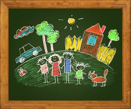 Happy parents and children. Naive blackboard kids drawingの写真素材