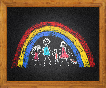 Happy parents and children. Naive blackboard kids drawingの写真素材