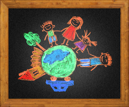 Happy parents and children. Naive blackboard kids drawingの写真素材