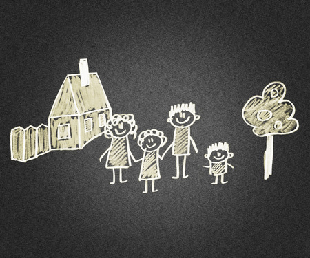 Happy parents and children. Naive asphalt kids drawingの写真素材