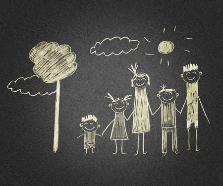 Happy parents and children. Naive asphalt kids drawingの写真素材