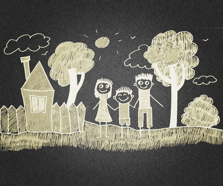 Happy parents and children. Naive asphalt kids drawingの写真素材