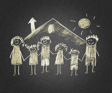 Happy parents and children. Naive asphalt kids drawingの写真素材