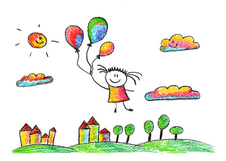 Happy girl fly with heart shaped balloons. Colorful summer picture. Kids drawingの写真素材