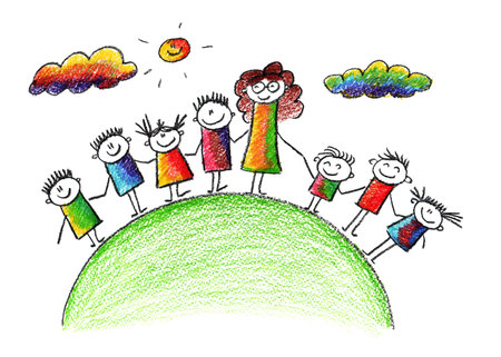 Happy kids. Colorful summer picture. Kids drawingの写真素材