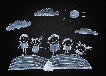 Happy kids with book.Blackboard or asphalt drawingの写真素材