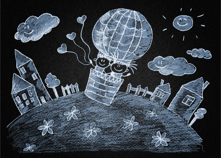 Happy kids fly in balloon. Blackboard or asphalt kids drawingの写真素材