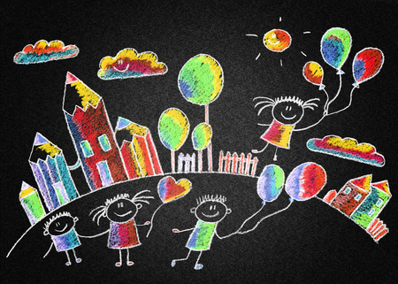 Blackboard or asphalt kids drawing. Color chalksの写真素材