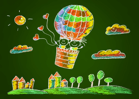 Green blackboard kids sketch drawing. Color chalksの写真素材