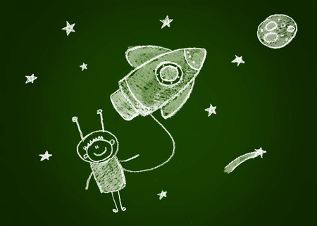 Green blackboard kids sketch drawing. White chalkの写真素材