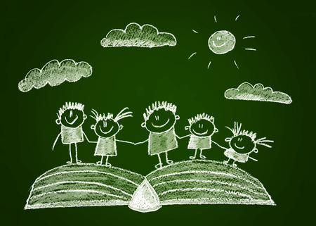 Green blackboard kids sketch drawing. White chalkの写真素材