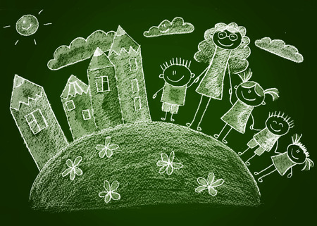 Green blackboard kids sketch drawing. White chalkの写真素材