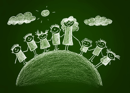 Green blackboard kids sketch drawing. White chalkの写真素材