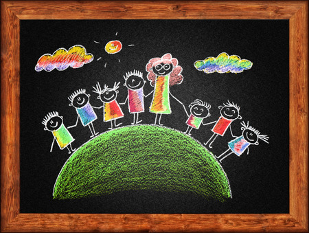 Black blackboard with frame and kids drawing. Color chalksの写真素材