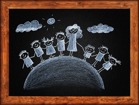 Black blackboard with frame and kids drawing. White chalksの写真素材