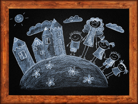 Black blackboard with frame and kids drawing. White chalksの写真素材