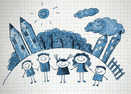 Happy kids with teacher. Picture with sun and cloudsの写真素材