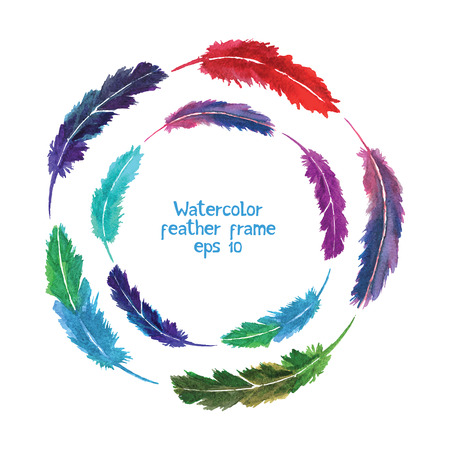 Colorful feather vintage frame. Watercolor vector pictureのイラスト素材