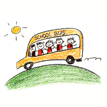 Colorful picture with happy kids. Kids drawing styleの写真素材