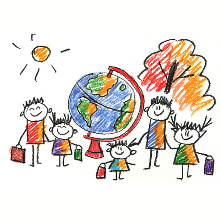 Colorful picture with happy kids. Kids drawing styleの写真素材