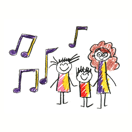 Colorful picture with happy kids. Kids drawing styleの写真素材