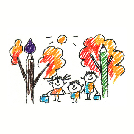 Colorful picture with happy kids. Kids drawing styleの写真素材