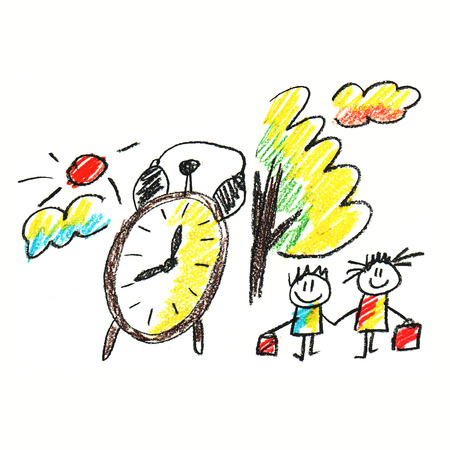 Colorful picture with happy kids. Kids drawing styleの写真素材