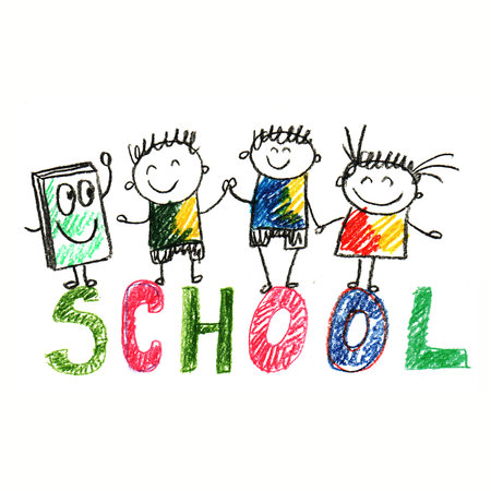 Colorful picture with happy kids. Kids drawing style